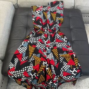 Bold Geometric Print  Wrap around Jumpsuit in Black, Red, Yellow & Blue